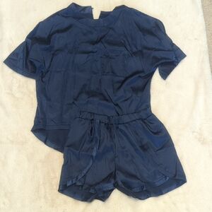 Navy Blue Silk Pajama Set with Soft Knit Fabric
